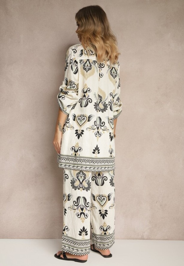 Beżowo-Czarny Komplet z Wiskozą Szerokie Spodnie i Bluzka w Stylu Boho Rinadora