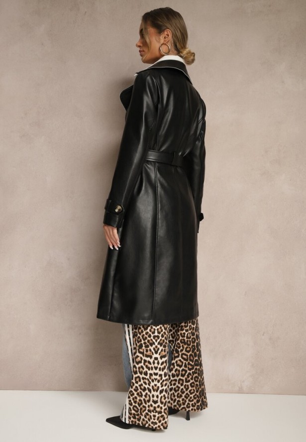 Czarny Płaszcz Trencz z Ekoskóry o Dwurzędowym Kroju z Paskiem Nilianis