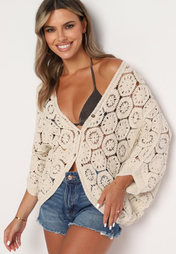 Beżowy Bawełniany Kardigan Narzutka Zapinana na Guziki Nelvitela