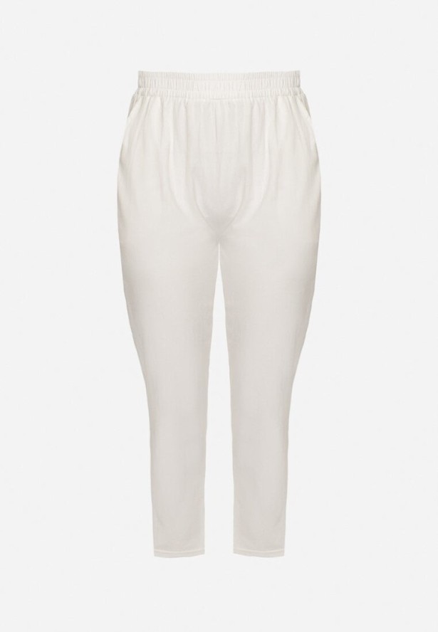 Białe Klasyczne Spodnie Bawełniane z Gumką w Pasie Olozi