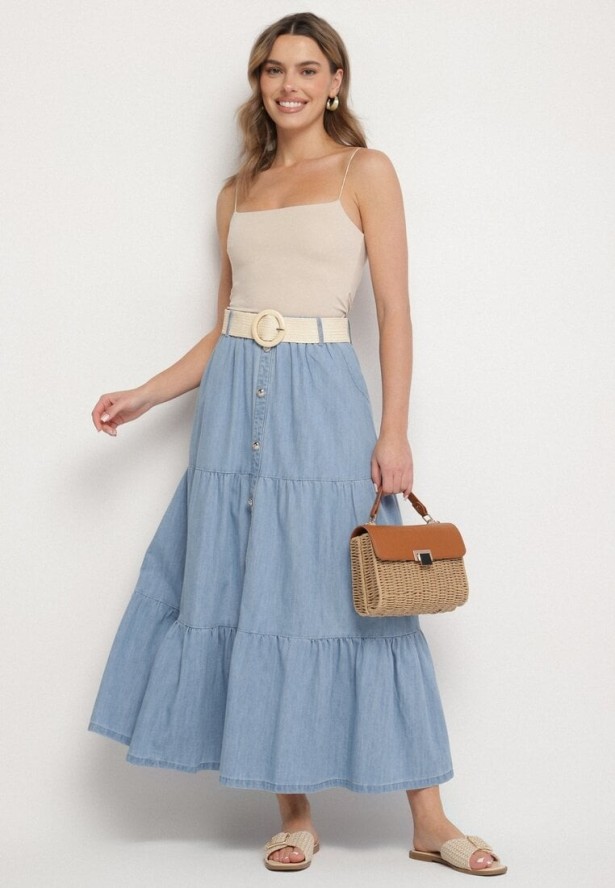 Niebieska Bawełniana Spódnica Jeansowa Rozkloszowana z Paskiem i Ozdobnymi Guzikami Natenelia