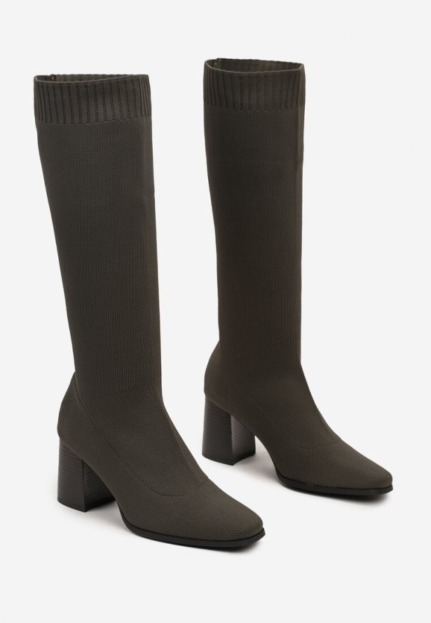 Zielone Kozaki na Słupku ze Elastyczną Cholewką Ellitra