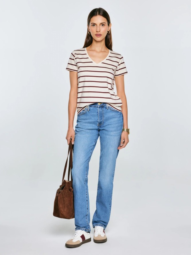 Koszulka damska z dekoltem v-neck w paski kremowa Retina 103