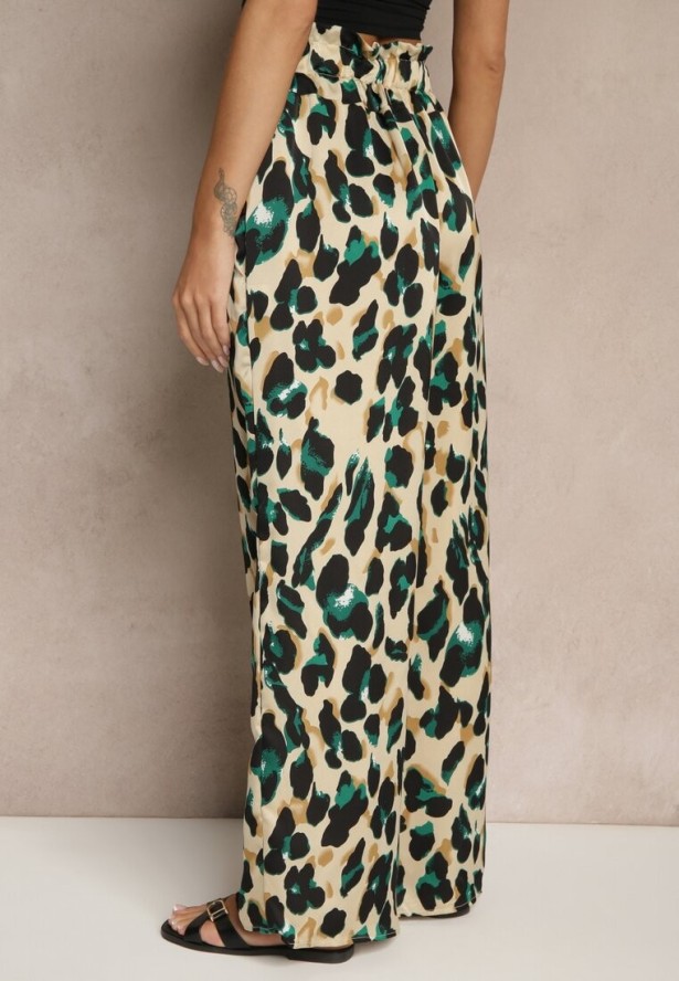 Zielono-Beżowe Panterkowe Spodnie o Szerokim Kroju Paper Bag High Waist Saliandra