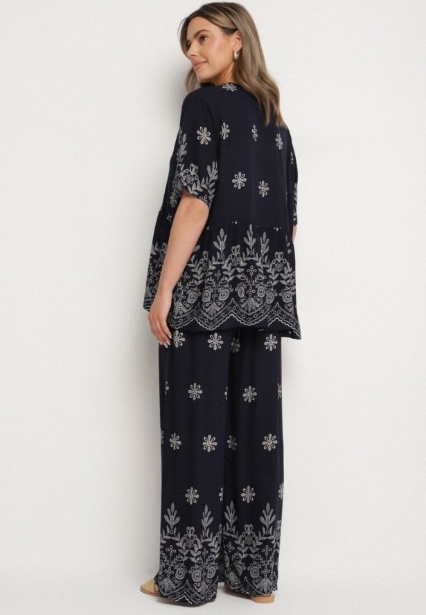 Granatowy Wiskozowy Komplet Bluzka z Wiązaniem i Spodnie Lunavelia