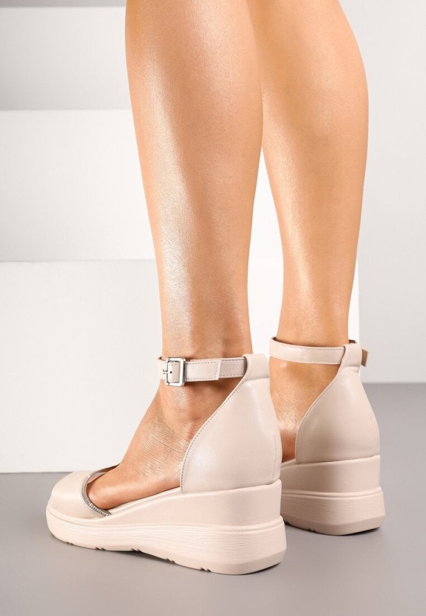 Beżowe Sandały na Koturnie z Cyrkoniami Tiarelle