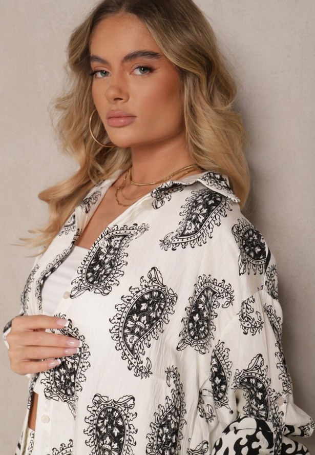 Biało-Czarny Komplet z Wiskozy Zdobiony Printem Paisley Koszula i Spodnie Zolleva