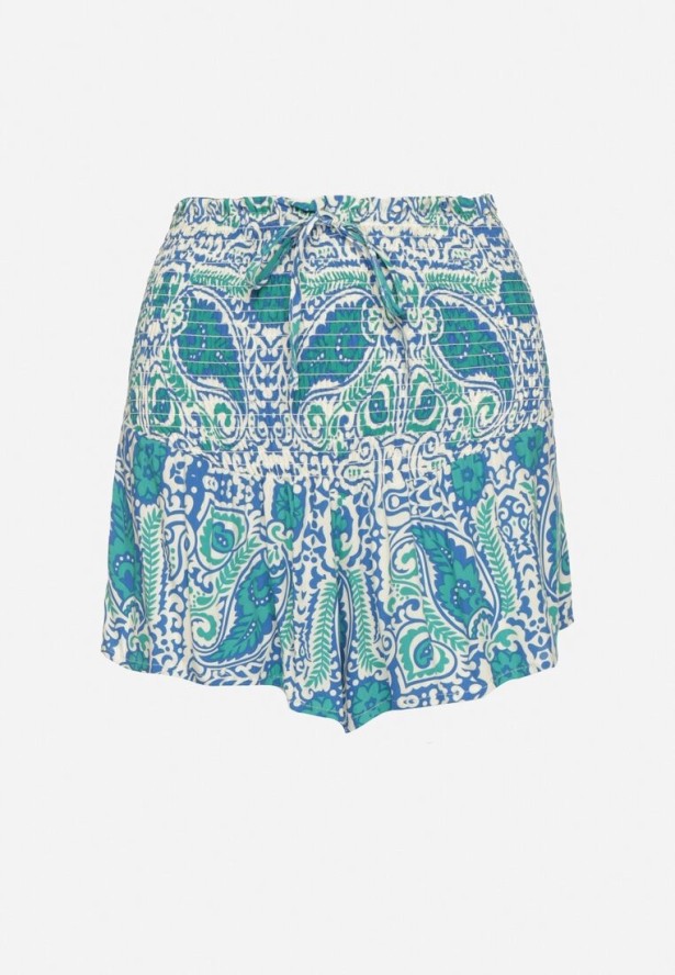 Zielone Szorty z Bawełny z Wysokim Stanem i Gumkami w Talii we Wzór Paisley Jenanellis