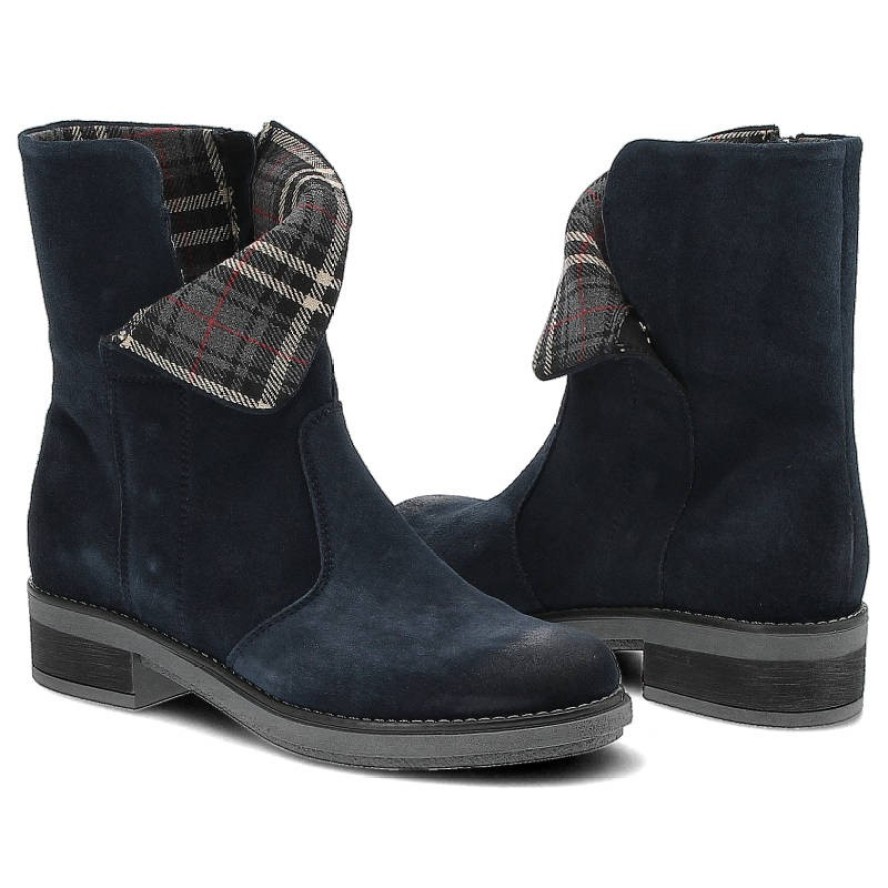 Granatowe Botki Pollonus Damskie Skórzane Obuwie