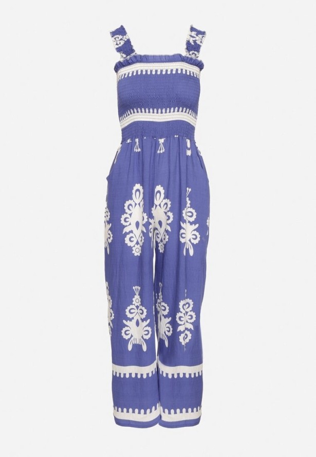 Niebieski Wiskozowy Kombinezon na Ramiączkach z Szeroką Nogawką Sonavirea