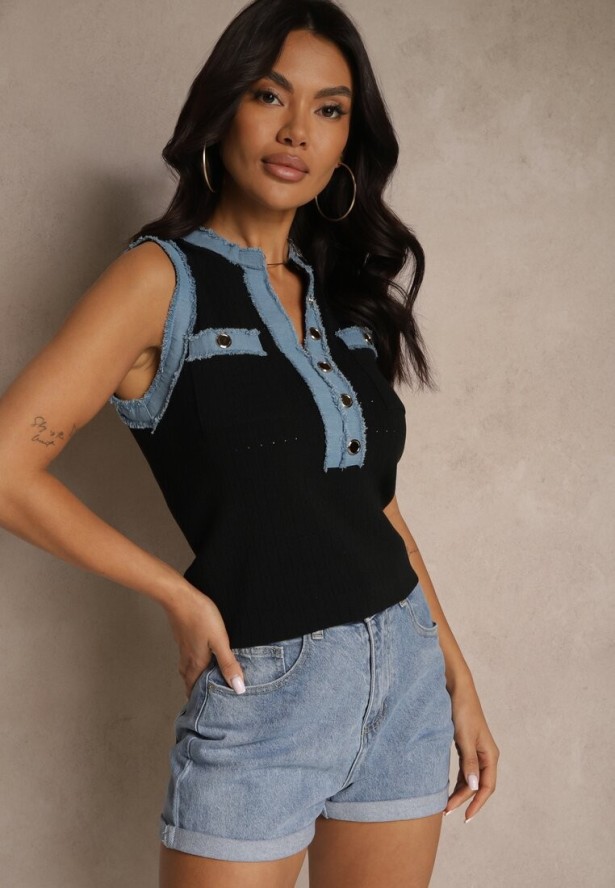 Czarna Bluzka z Wiskozą i Ozdobnymi Guzikami Natisenia