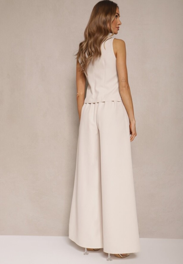 Jasnobeżowy Komplet Garniturowy z Kamizelką i Spodniami o Szerokim Kroju Ravirana