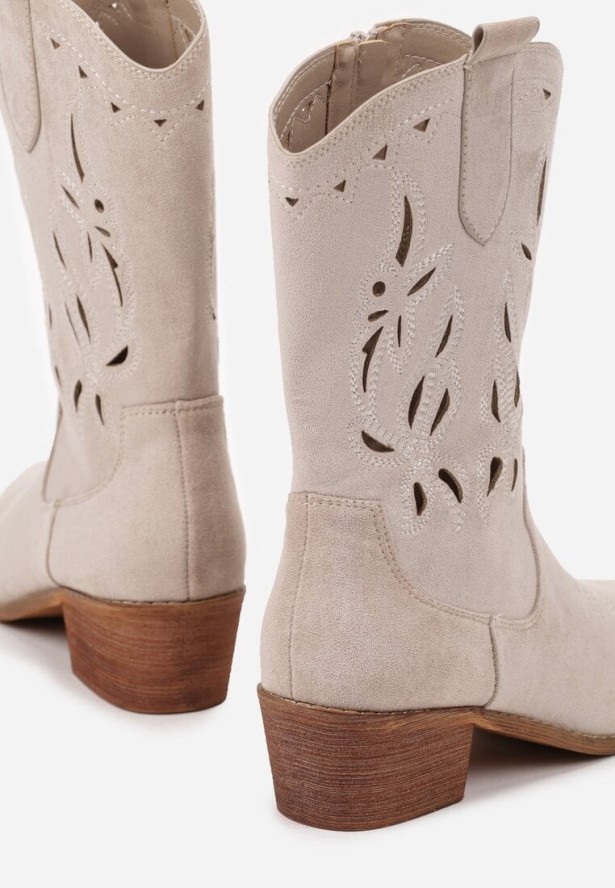 Jasnobeżowe Ażurowe Botki Vices na Obcasie w Stylu Kowbojek Helori