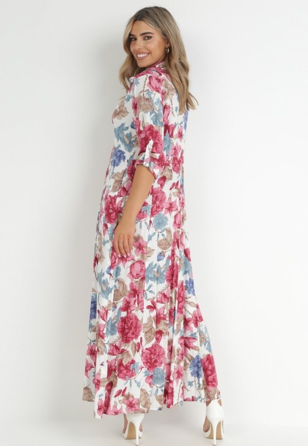 Biała Sukienka Koszulowa z Rozcięciem w Kwiaty Vethere