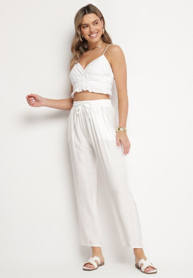 Białe Spodnie z Bawełną i Wiązaniem Maiovelle