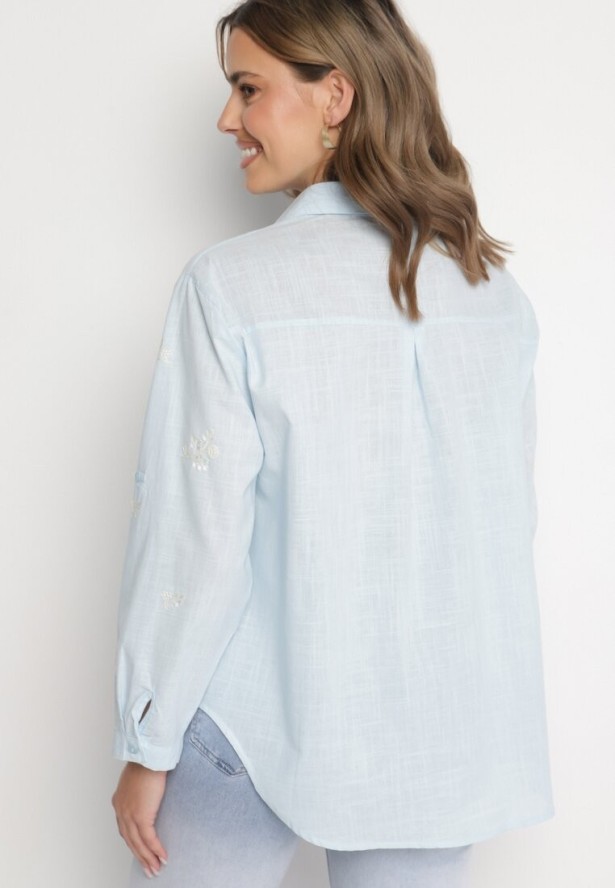 Niebieska Bawełniana Koszula z Regulowanymi Rękawami Domira