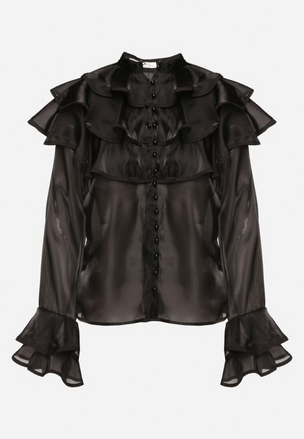 Czarna Koszula z Ozdobnymi Falbankami Edianessea