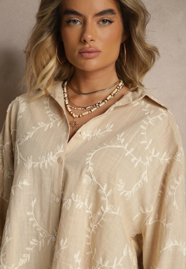 Beżowa Koszula z Lnu i Bawełny Zdobiona Roślinnym Haftem Nevairine