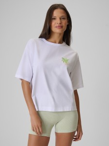 4F T-shirt boxy z nadrukiem damski - biały S