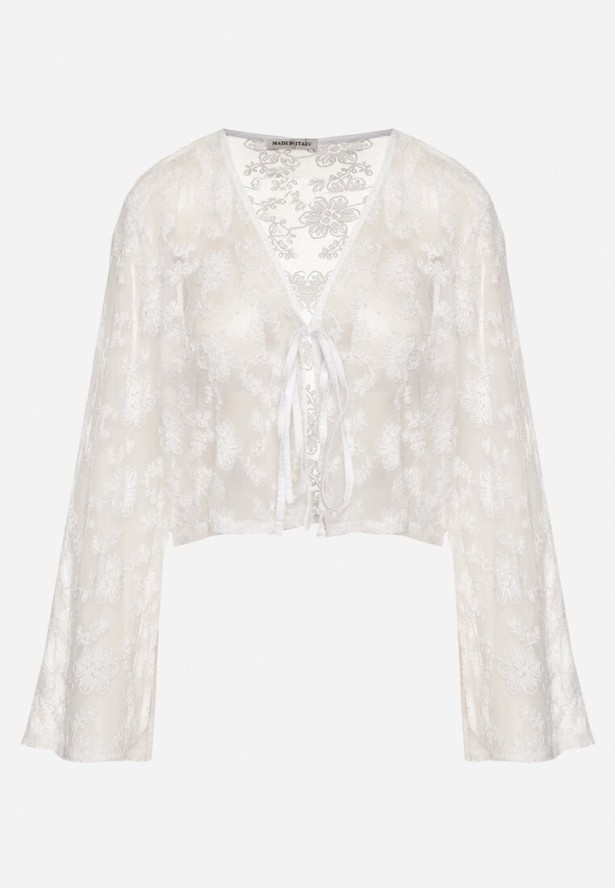 Biała Bluzka z Bawełną Ozdobiona Wiązaniem z Koronką Minoma