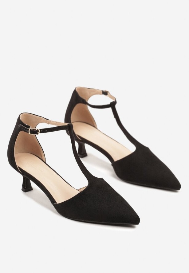 Czarne Czółenka na Kaczuszce ze Szpiczastym Noskiem i Ozdobnymi Paskami Liliora