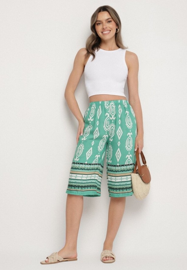 Zielone Szorty z Wysokim Stanem i Wzorem Etno Filanetia