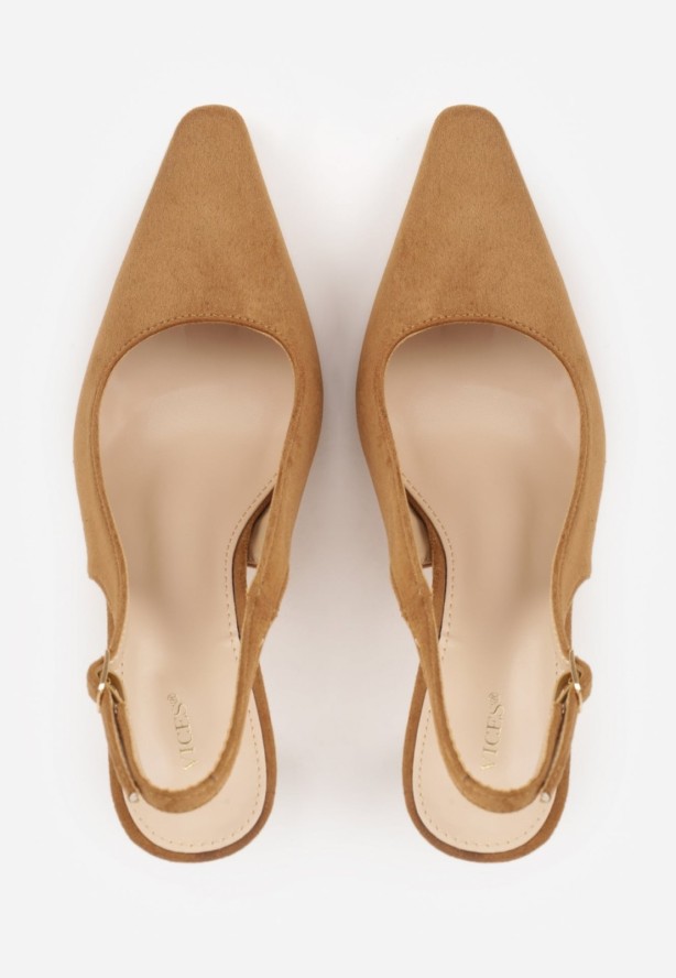 Brązowe Szpilki VICES Slingback Ozdobione Cyrkoniami na Obcasie Laodele