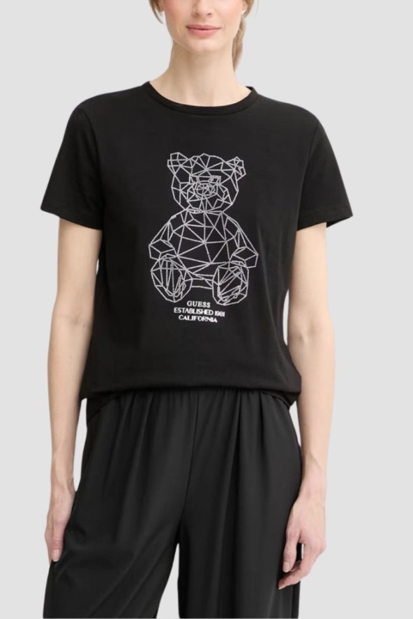 GUESS Czarny damski t-shirt na krótki rękaw z cyrkoniami Romy, Rozmiar S