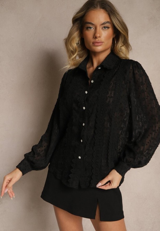 Czarna Koszula z Transparentnej Tkaniny z Koronką i Metalicznymi Przeszyciami Sepuria