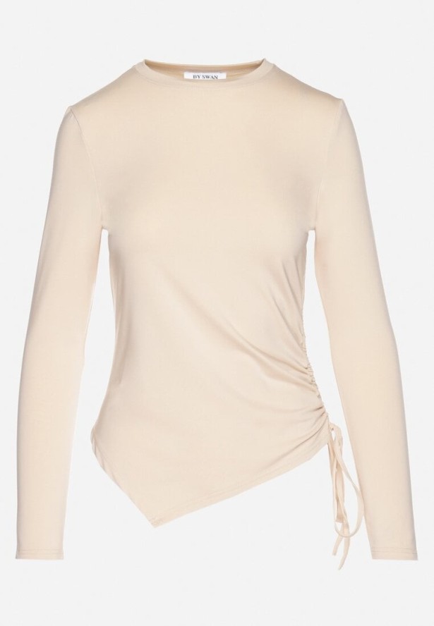 Beżowa Asymetryczna Bluzka z Wiskozą z Długim Rękawem i Ściągaczem Zeilane