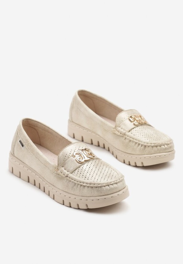 Złote Półbuty z Perforacją Skórzaną Wkładką i Metalicznym Detalem Setaliren