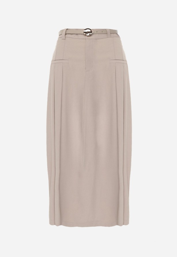 Beżowa Wiskozowa Spódnica o Rozkloszowanym Kroju z Plisami i Paskiem Rolea