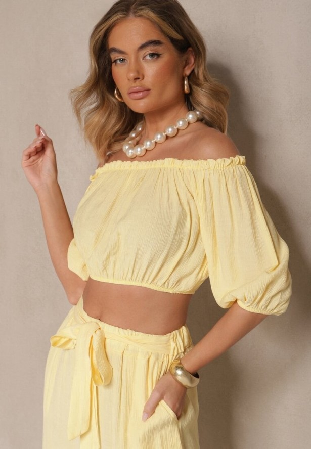 Żółty Komplet Spodnie o Szerokim Kroju i Bufiasta Bluzka Idalisse