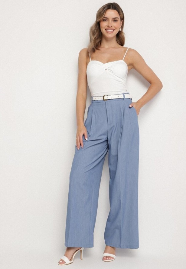 Niebieskie Szerokie Spodnie Garniturowe z Wiskozą Zdobione Zakładkami Galomira