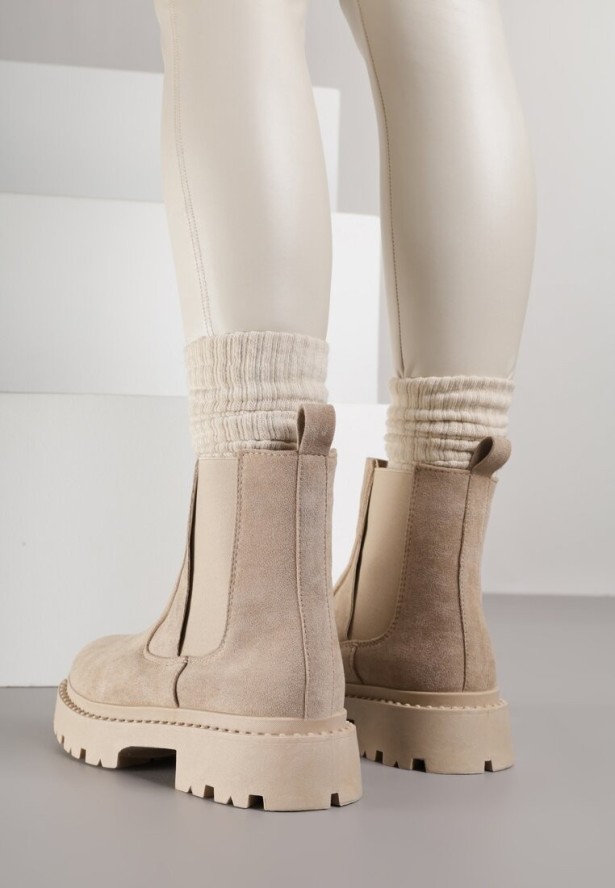 Beżowe Botki Sztyblety na Grubej Podeszwie Gosoga