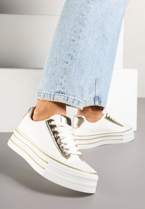 Biało-Złote Casualowe Trampki na Grubej Podeszwie Peliren