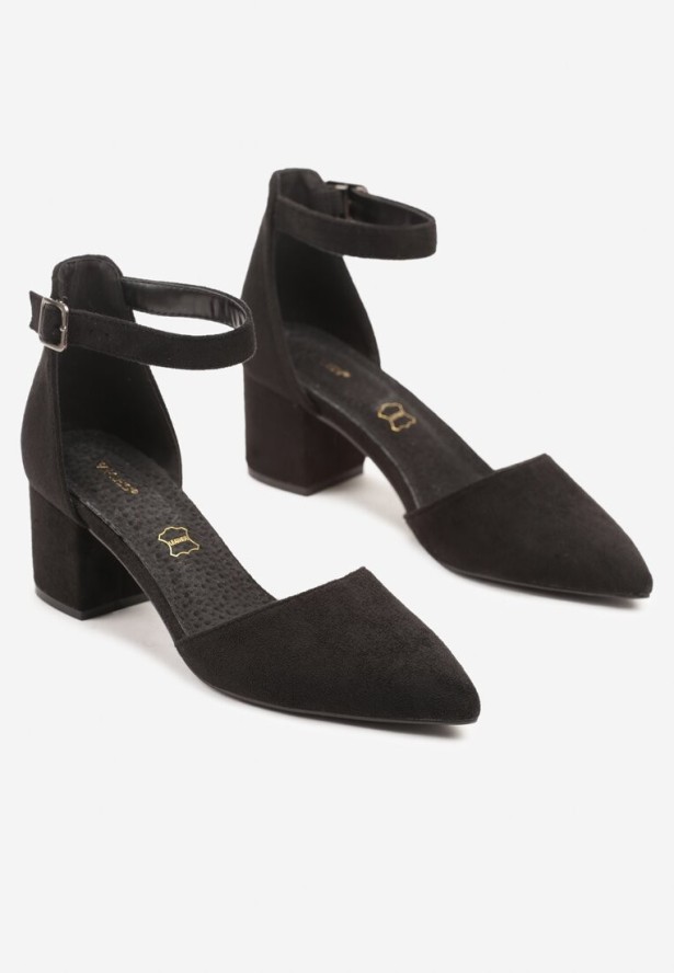 Czarne Czółenka na Obcasie Vices ze Skórzaną Wkładką i Ozdobnym Paskiem Nurisella