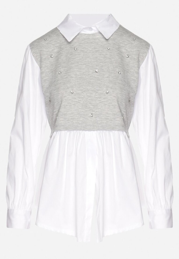 Szara Rozkloszowana Bluzka Koszulowa z Wiskozą z Wszytą Kamizelką z Cyrkoniami Uliaviela