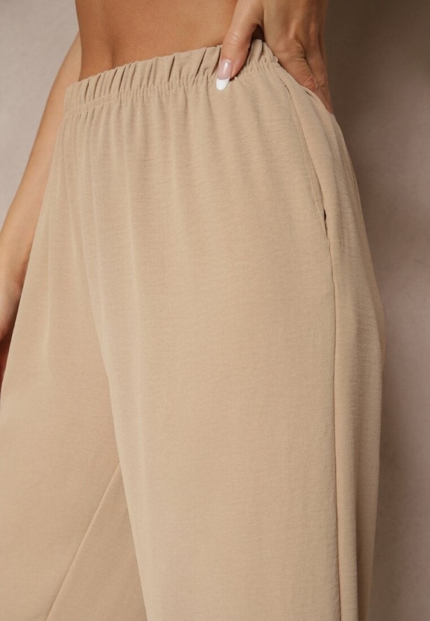 Beżowe Luźne Spodnie 3/4 z Kieszonkami Efrinea