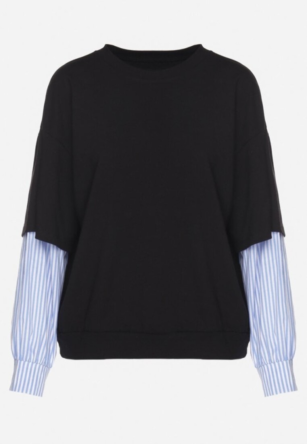 Czarna Bluzka z Bawełny z Koszulowymi Rękawami w Paski Firselia