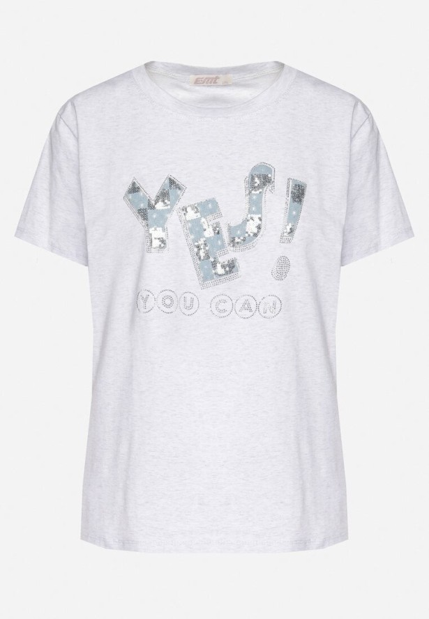 Jasnoszary T-shirt z Bawełny Ozdobiony Cekinami i Cyrkoniami Camiren