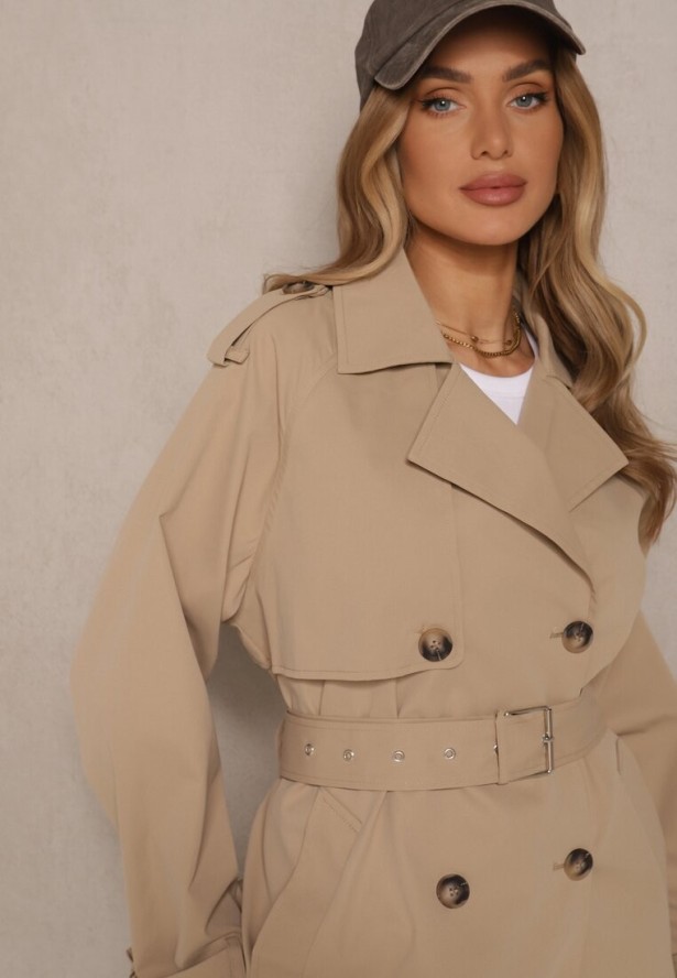 Ciemnobeżowy Dwurzędowy Płaszcz Typu Trencz z Pagonami i Paskiem w Talii Malwizia