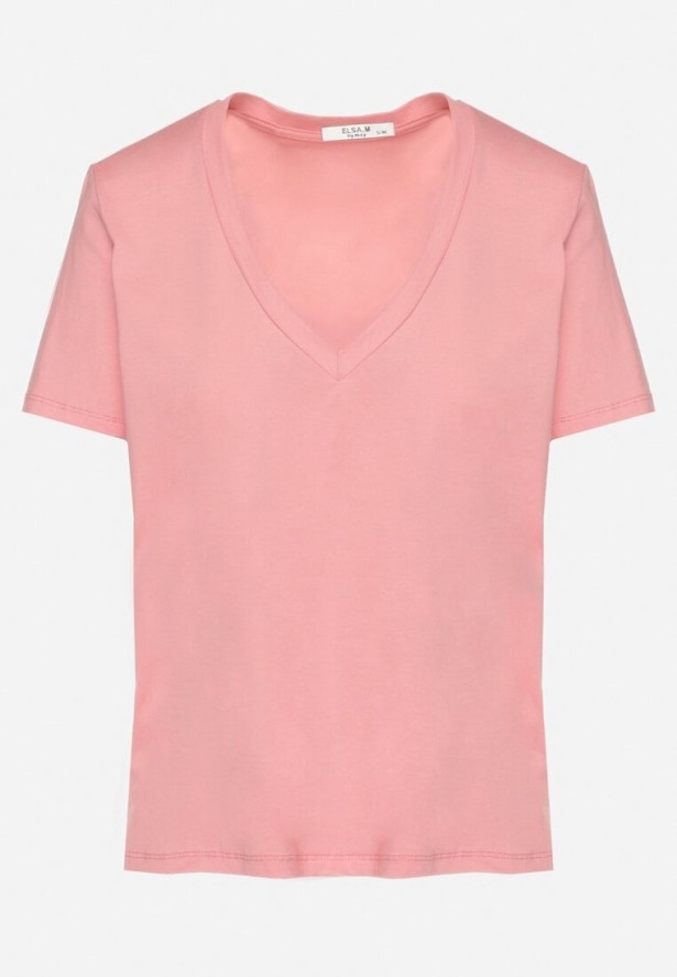 Różowy Bawełniany T-shirt z Dekoltem w V Ninoriana