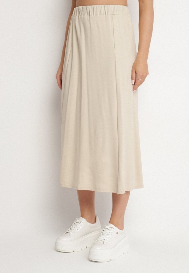 Beżowy Komplet z Wiskozą Spódnica i Bluzka z Wiązaniem Davissael