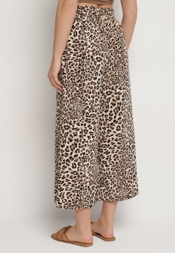 Beżowo-Czarne Spodnie o Szerokim Kroju z Gumką w Talii w Panterkę Filassena