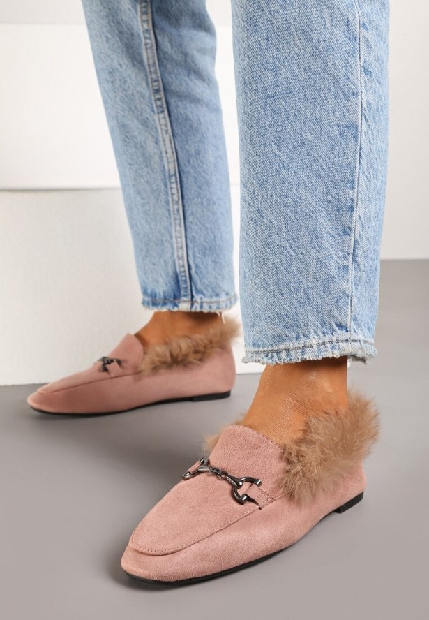 Jasnoróżowe Płaskie Mokasyny z Futerkiem i Klamrą Sanalithra