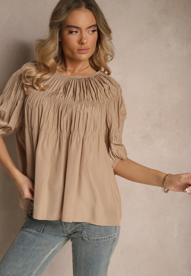 Jasnobrązowa Bluzka z Wiskozą o Fasonie Oversize z Gumkami w Ramionach Alirona