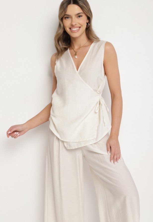 Jasnobeżowy Komplet z Lnem Szerokie Spodnie i Wiązana Bluzka Idaviela