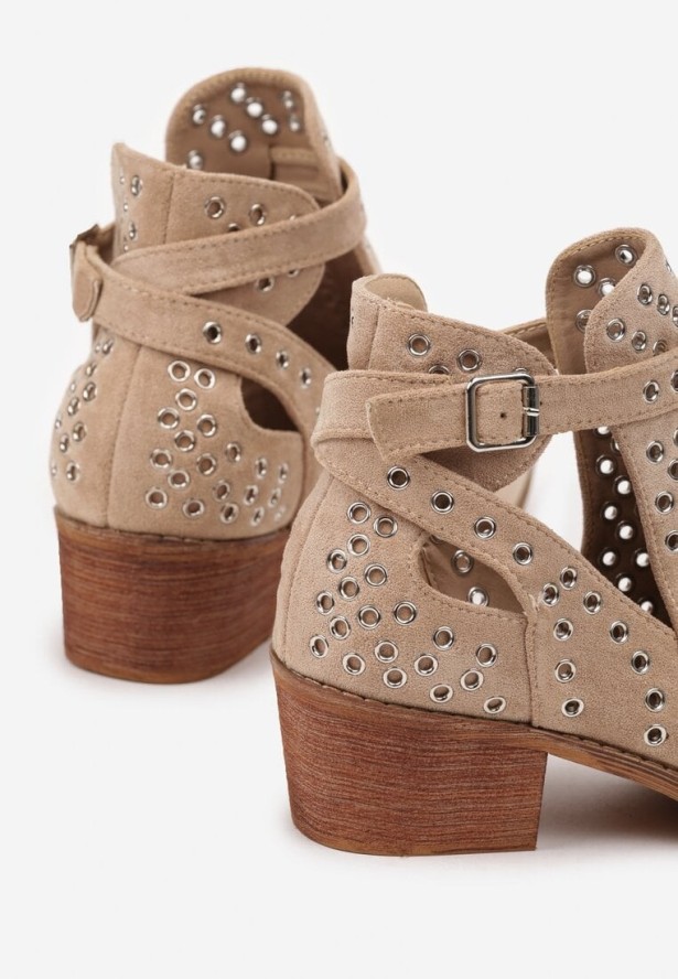 Beżowe Botki Kowbojki Vices na Obcasie Ozdobione Wycięciem i Metalicznymi Wstawkami Nelori