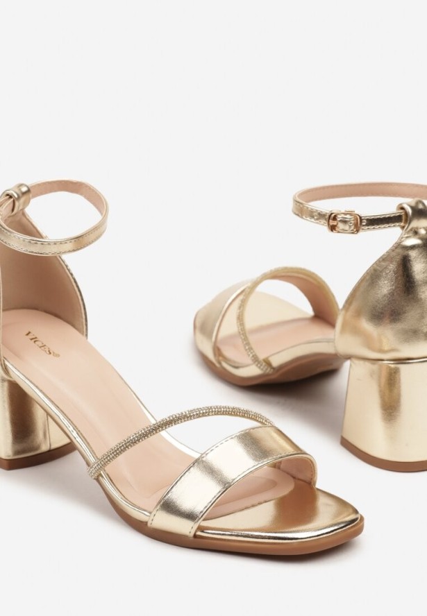 Złote Sandały Vices na Słupkowym Obcasie z Cyrkoniowym Zdobieniem Galisena